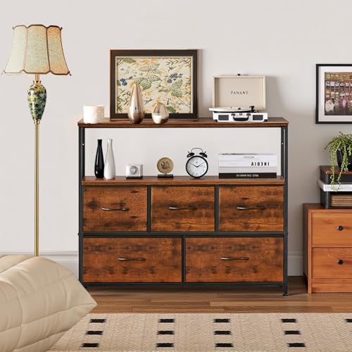 TV Stand, 5 Fabric Drawers Dresser Entertainment Center for TV up to 45 inch Wooden Media Console Table Storage Organizer with Open Shelf, for Living Room, Bedroom, or Small Space, Brown - color: Brown, size: 5 Drawers