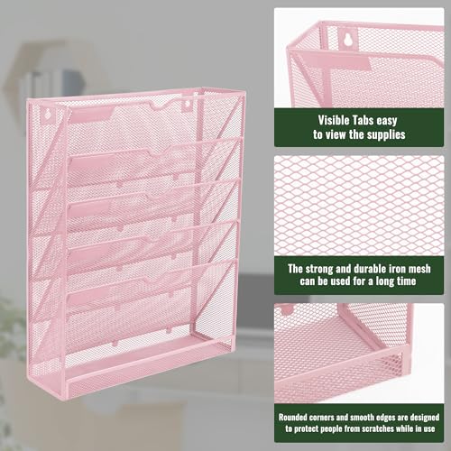 EASEPRES 6 Tier Mesh Hanging Wall File Organizer, Desk Vertical Mail Paper Document Folder Holder Rack with Bottom Tray and Nametag Label for Office Home School, Pink - color: Pink, size: 6 Tier