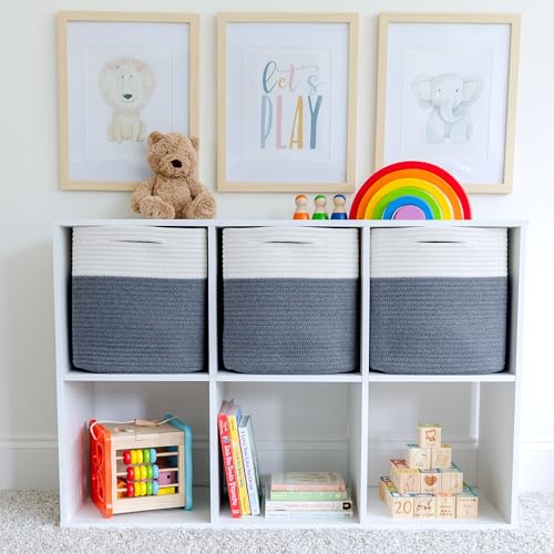 NaturalCozy Storage Cubes 11 Inch Cotton Rope Woven Baskets for Organizing, 3-Pack | Cube Storage Bin | Square Storage Baskets for Shelves Organizer, Classroom, Kids Toy Bins, Closet, Baby Nursery - color: Off White & Charcoal Gray