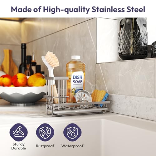 SWTYMIKI Sink Caddy Sponge Holder - Kitchen Sink Organizer with High Brush Holder for Countertop to Hold Dish Soaps and Sponges, Stainless Steel, Sand Nickel - color: Sand Nickel, size: Medium