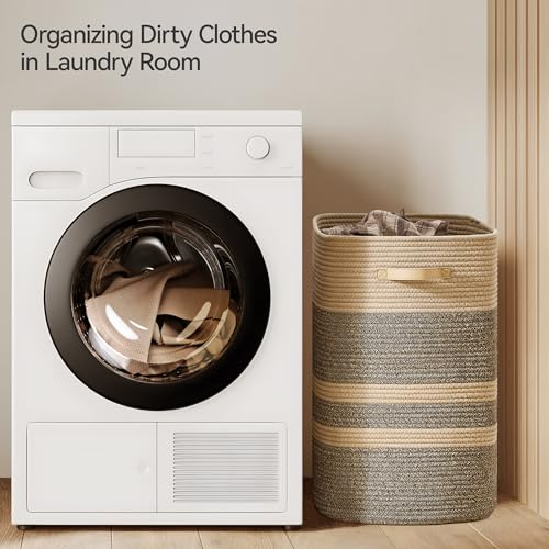 Nunsino 87L Laundry Hamper,Laundry Basket with Leather Handles,Woven Storage Basket for Toys,Pillows,Blankets,Clothes,Dark Brown - color: Dark&Brown, size: 87 L