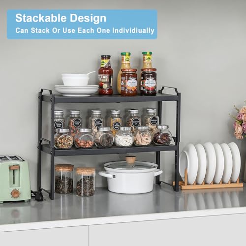 25.5 Inches 3 Pack Expandable Cabinet Shelves, Stackable Shelf Organizer For Kitchen Cabinet Countertop Storage, Adjustable Counter Cupboard Pantry Organizer Shelf Rack Stand Riser, Black - color: Black, size: 3 Pack: 15.5"-25.5"L