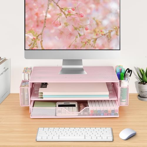 AUPSEN Computer Monitor Stands Riser，2-Tier Desk Organizers and Accessories, Office Desk Accessories Organizer with Drawers and 2 Pen Holder for Office Supplies (Pink) - color: Pink Metal