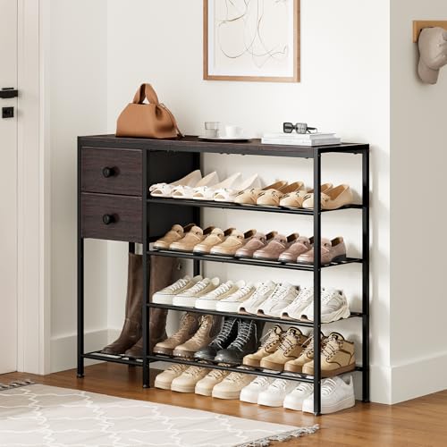 5-Tier Shoe Rack with 2 Fabric Drawers, Metal Frame and Wooden Board Shoe Organizer for 16-20 Pairs of Shoes, Shoe Shelf with Boots Storage for Entryway Closet Dark Brown - color: Dark Brown