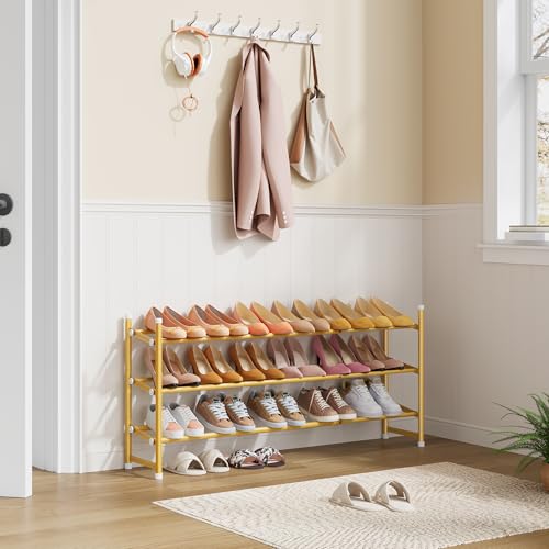 Tajsoon Expandable Shoe Rack for Closet 3 Tier, 28“-41“Adjustable & Stackable Shoe Shelf Storage, Metal Shoe Rack Organizer for Front Door Entrance, Closet, Garage, Entryway, Gold - color: Gold, size: 3 Tier