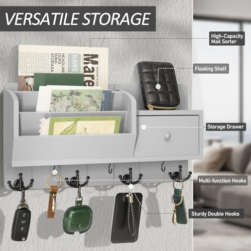 Rebee Vision Key Holder Wall Mount with Mail Sorter and Drawer Organizer - Modern Mail Organizer Wall Mounted with Wall Hooks - Home Organization for Apartment Essentials (Light Gray) - color: Gray