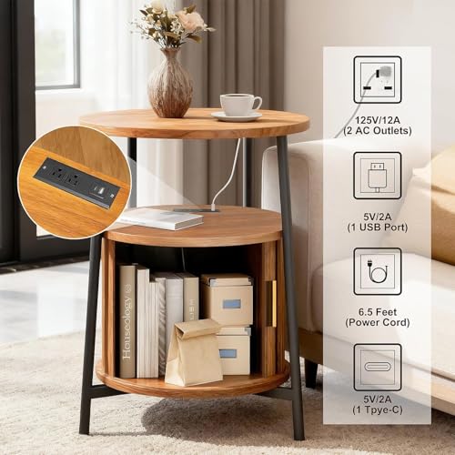 Round End Tables with Drawer: Fluted Side Table with Charging Station, Mid-Century Modern Nightstand with Sliding Door for Small Space Storage, Living Room, Bedroom - color: Honey Walnut, size: 1 PACK