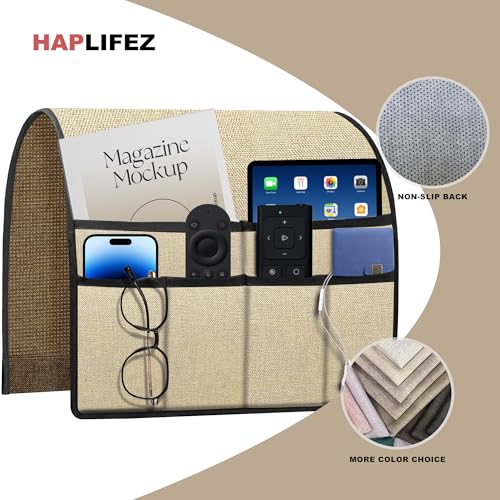 Remote Holder for Recliner Armchair & Couch, Non Slip Sofa Armrest Organizer Caddy with 6 Pockets Thick Linen Fabric Storage for Tablet, Phone, iPad, Magazine, 19x35 Inches, Natural - color: Natural