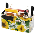 Cute Yellow Sunflowers and Dragonflies Bedside Caddy for Dorm Bed Bedside Hanging Caddy Bag Iron Frame Storage Organizer Pocket for Bunk Home College Hospital Beds 2 Hooks
