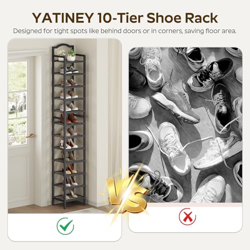 YATINEY 12-Tier Tall Shoe Rack, Vertical Shoe Organizer for Small Spaces, Wooden Shoe Shelf for Entryway, Space Saving Shoe Storage, Holds 12 Pairs of Shoes, Charcoal Gray and Black SS52BC - color: Charcoal + Black, size: 11" x 11" x 85.8"