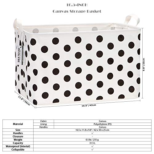 Sea Team Collapsible Canvas Fabric Storage Basket with Handles, Rectangle Waterproof Storage Bin, Box, Cube, Foldable Shelf Basket, Closet Organizer, 16.5 x 11.8 x 9.8 Inches, Black Dot - color: Dot/Black, size: 16.5 Inch (Pack of 1)