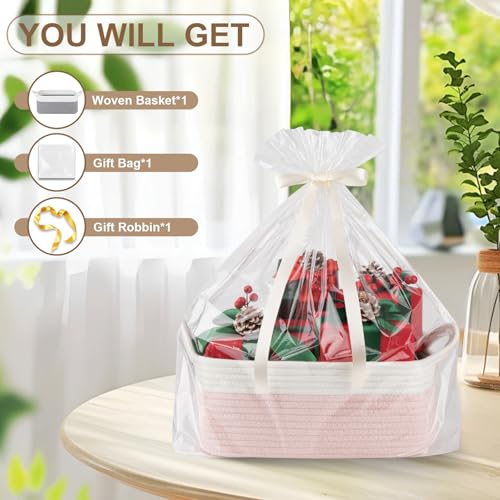 OIAHOMY Woven Basket, Gift Basket Empty with Gift Bags and Ribbons, Rope Baskets for Baby Showers, Storage Baskets with Handles for Nursery, Pet Toy Organizer - Pink & White - color: Pink & White, size: Medium: 13.5L*10W*6H