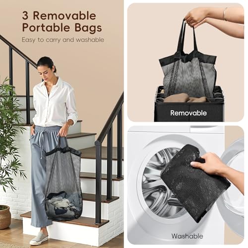 185L Laundry Hamper 3 Section, Laundry Hamper with Lid, Dirty Clothes Hamper with 3 Removable Washing Bags, Extra Large Laundry Basket Organizer for Bedroom, Laundry Room, Dorm - Khaki - color: Khaki, size: 185L - 3 Section