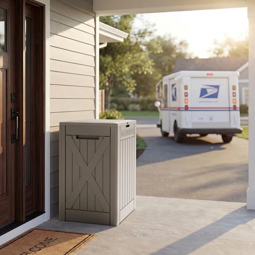 Greesum 52 Gallon Extra Large Deck Box with Lock, Heavy-Duty Resin Outdoor Storage Container, Waterproof Lockable Chest for Patio Furniture, Garden Tools, Pool Equipment, Light Coffee - color: Light Coffee, size: 52 Gallon