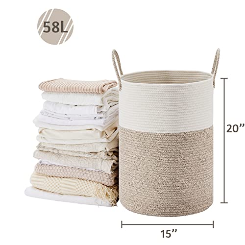 VIPOSCO Large Laundry Hamper, Tall Woven Rope Storage Basket for Blanket, Toys, Dirty Clothes in Living Room, Bathroom, Bedroom - 58L White & Brown - color: Brown, size: 58L