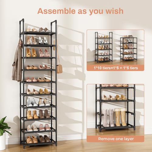 LANTEFUL 10 Tiers Shoe Rack 25 Pairs Large Capacity Tall Shoe Organizer Sturdy Shoe Storage with Two Hooks Space Saving Metal Narrow Shoe Rack for Closet, Entryway, Bedroom, Black - color: Black, size: 10 Tier-68" High-17" Wide