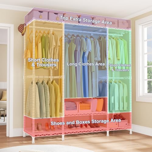 Ulif E3 Heavy Duty Garment Rack, 4 Tiers Freestanding Closet Organizer System with 5 Shelves, Metal Closet Organizer and Storage System for Clothes, Max Load 850lbs, 58.4"W x 15.7"D x 77.3"H, White - color: White