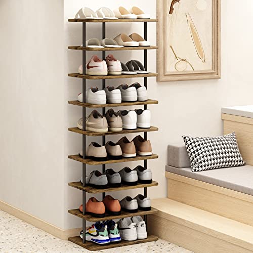 AZERPIAN Shoe Rack 9 Tier Vertical Storage Organizer Double Row Narrow Metal Slim Shelf Modern Free Standing Shoe Tower Saving Space for Closet Entryway Bedroom,Black+Rustic Brown - color: Black+rustic Brown, size: 9 Tier-Double Row