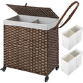 Greenstell Laundry Hamper with Wheels, No Install Needed, 110L Divided Handwoven Hampers & 2 Removable Liner Bags, Rattan Clothes Laundry Basket with Lid & Handles, Foldable Hampers Brown 22x13x26.4In - color: Brown, size: 110L: 22.0x13.5x26.4 Inches