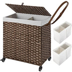 Greenstell Laundry Hamper with Wheels, No Install Needed, 110L Divided Handwoven Hampers & 2 Removable Liner Bags, Rattan Clothes Laundry Basket with Lid & Handles, Foldable Hampers Brown 22x13x26.4In - color: Brown, size: 110L: 22.0x13.5x26.4 Inches