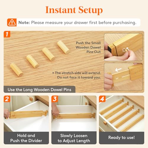 Lifewit 2.4" High 8 Pack Bamboo Drawer Dividers 45-55cm/17.5-22" Adjustable Wooden Drawer Organizer for Clothes/Utensils, Expandable Drawer Separator for Dresser/Kitchen/Bedroom/Office Organization - size: 2.4"H, 17.5-22"L
