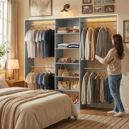 Homieasy Closet System, 4.5-11.5 Ft Expandable Closet Organizer with 5 Hanging Rods, Walk-in Wood Closet Organizer System with Storage Tower, Heavy Duty Garment Rack Wardrobe for Bedroom, Gray - color: Gray