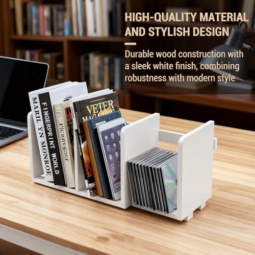 MyGift White Wood Desktop Bookshelf Organizer, Expandable Adjustable Display Shelf Book Rack - color: White