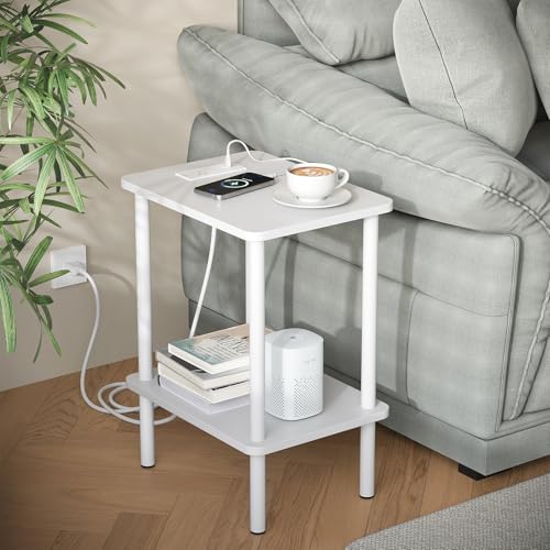 Apicizon 2 Tier End Table, Small Side Table with Charging Station, Boho Bedside Table with USB Ports and Outlets, Nightstand for Small Spaces, Bedroom, Living Room, Entryway, Easy Assembly, White - color: White, size: 1 Set, style: 2 Tier with Plug