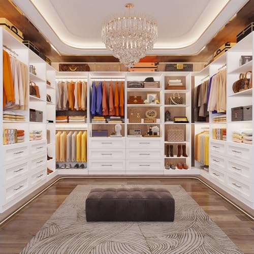 Closet System with 4 Sets, 8.5FT-21.5FT Corner Closet Organizer System with 9 Drawers & 12 Shelves & 8 Hanging Rods, L-Shaped Modular Closet System adjustable for Freestanding or Walk-in Closet, White