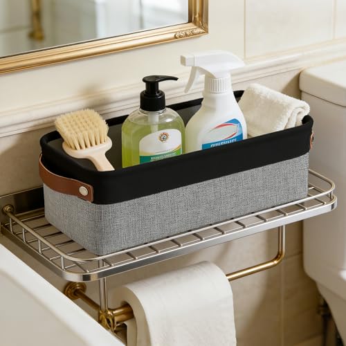 Bagnizer Small Fabric Storage Baskets, 15x6x5 inch Narrow Storage Bins 4-Pack Long Storage Basket for Organizing with Handles, Decorative Basket for Closets, Shelves, Toilet Paper, Grey - color: Gray / Black, size: Narrow-15"x6"x5"