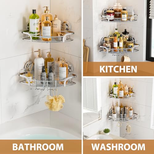 LEVERLOC 2 Pack Powerful Suction Cup Corner Shower Caddy, Stainless Steel Rustproof Shower Shelf with Hooks, Drill-Free Wall Mounted Bathroom Organizer, Large Capacity Removable Suction Basket, Silver - style: Corner Caddy, Silver