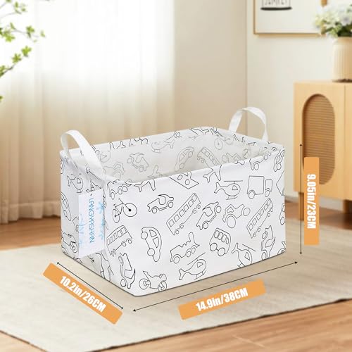 LANGYASHAN Rectangular Storage Bin Collapse Canvas Fabric Cartoon Storage Basket with Handles for Organizing Home Kitchen Boys and Girls Toys Office Closet Shelf Baskets (Rec Vehicle) - color: REC Vehicle