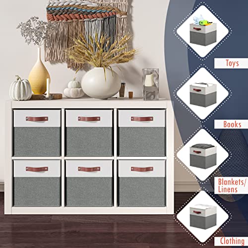 Ornavo Home 11 x 11 Storage Cube Bins, Foldable Collapsible Fabric Storage Bins Box Linen Shelf Basket Cube Organizer for Closet with Leather Handles, 6 Pack, White/Gray - color: White/Gray, size: Cube - 11 x 11 x 11