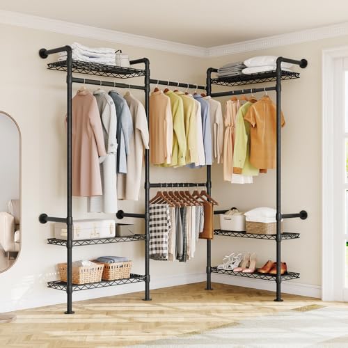 L3 Wall Mounted Industrial Pipe Closet System, Corner Closet Organizers with 4 Telescopic Rods & 6 Shelves, Heavy Duty Clothing Clothes Rack in Wardrobe Closet (Black) - color: Black