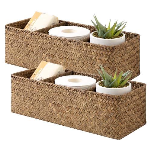 StorageWorks Toilet Paper Basket for Back of Toliet，with 3-Compartments, Basket Organizer, Seagrass Toilet Tank Basket, Brown, 2-Pack - color: Brown（seagrass）, size: 14¼"L x 6"W x 4¼"H