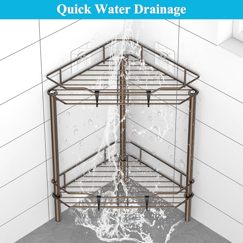 HuggieGems 2 Tier Floor Standing Corner Shower Caddy Organizer Shelf with Hooks, Bathroom Shelves Stand Rack, Bronze - color: Bronze, size: 2 Tier
