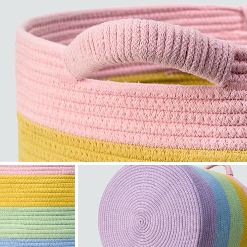 Blanket Basket - Woven Round Rope Storage Basket (16"Wx14"H) for Blankets & Throws, Small Laundry & Toy Organizer, Decorative Living Room & Bedroom Cotton Basket - Rainbow - color: Rainbow, size: Regular-16"Wx14"H