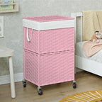 Chrislley 90L Slim Laundry Hamper with Wheels, Rolling Laundry Basket with Lid and Renovable Liner Bag, Handwoven Rattan Organizer for bedroom, bathroom, laundry room (Pink) - color: Pink