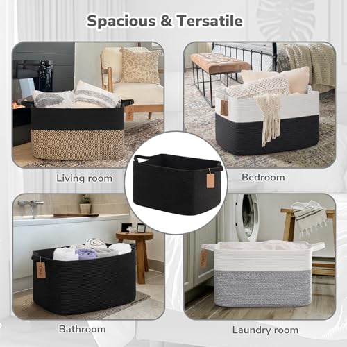 Goodpick Woven Storage Baskets for Organizing 22”x17”x12” Large Blanket Basket for Living Room Bedroom, Rectangle Nursery Baby Toy Storage Basket for Kids Boys, Black - color: Black, size: 22"L x 17"W x 12"H