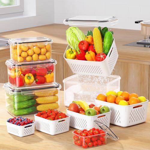 8-Pack Fruit Storage Containers for Fridge, Leakproof Fruit Containers for Fridge with Colanders, BPA-Free Produce Storage Containers with Lids Keep Fruits, Vegetables, Berry, Meat Fresh longer - color: 8 PACK