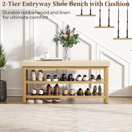 2 Tier Shoe Rack Bench with Cushion, Rubberwood Shoe Benches, Mid-Century Modern Shoe Storage Bench for Entryway, Hallway, Living Room, Closet, Front Door Entrance, Light Brown - color: Light Brown