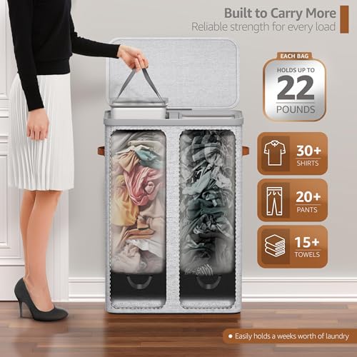Sorbus Laundry Hamper with Lid - Collapsible 2-Compartment Fabric Laundry Basket with Handles and Removable Laundry Bag – 45 Gallon (170 L) Dirty Clothes Hamper for Bedroom, bathroom and dorm (Gray) - color: Gray, size: 2 Compartment