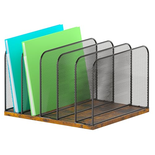 Piskyet Wooden Desk File Organizer, 5-Section Vertical File Folder Holder Stand,Metal Mail Paper Chromebook Organizer for Teacher Desk Office Classroom Desktop Organization - size: 5-Section