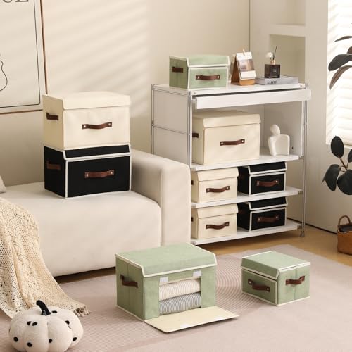 Storage Bins Box with Lids Front Opening Window Decorative Cotton Linen Fabric Basket PU Leather Handles Washable PP Plastic Board Foldable Shelf Closet Organizer Container (Black, Small) - color: Black, size: Small ( Pack of 1 )