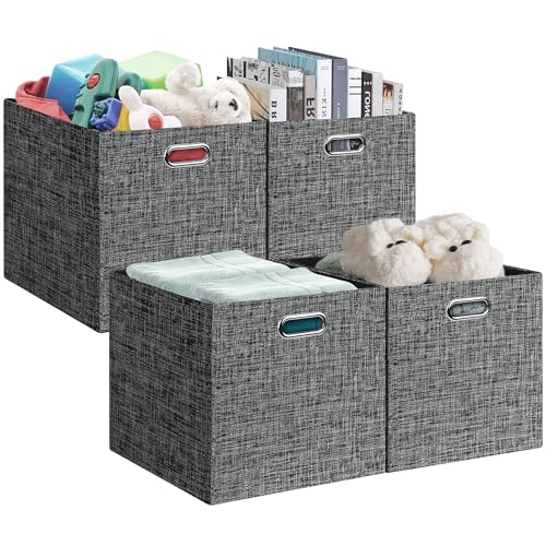 Posprica 13x15x13in Collapsible Storage Bins, Fabric Foldable Cube Storage Boxes, Decorative Storage Baskets Organizer for IKEA Kallax, Shelves, Closet, Clothes, Toy, Set of 4-Black - color: Black