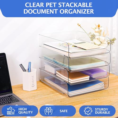 LALOBLUE Stackable Letter Tray Desk Organizer, Set of 4 Clear PET Paper & File Organizers, Document Storage for Office Supplies