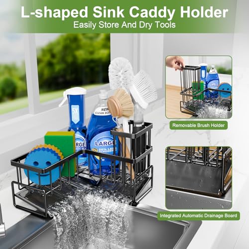 Fikoksol Large Sponge Holder for Kitchen Sink, 90-Degree Sink Caddy Organizer with Drain for Kitchen Countertop Corner, Metal Rust Proof Soap Sponge Dish Brush Sink Rack Holder Kitchen Storage Ideas