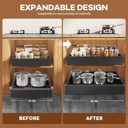 Seinloes 2 Pack Expandable Pull Out Cabinet Organizer 21"Deep With Raising Pad for Framed Cabinets,Upgrade 3 Slide Rails Slide Out Drawers,Roll Out Shelves Adhesive,Adjustable Width 15.15"-26.3" Black - color: Black, size: 21"D x 15.15"-26.3"W(2Pack)
