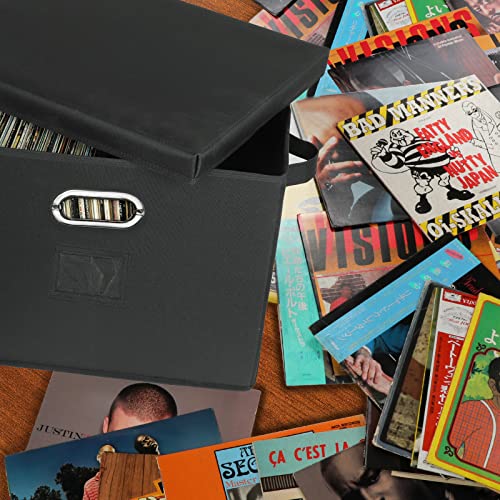 12-Inch Vinyl Record Storage Boxes with Lids and Handles, Stylish and Practical LP Record Organizer for 100+ Single Records, Suitable for Living Room, Study, Concert Hall or Office (17"-2 Pack-Fabric, - color: Black, size: 12 inch-2 Pack