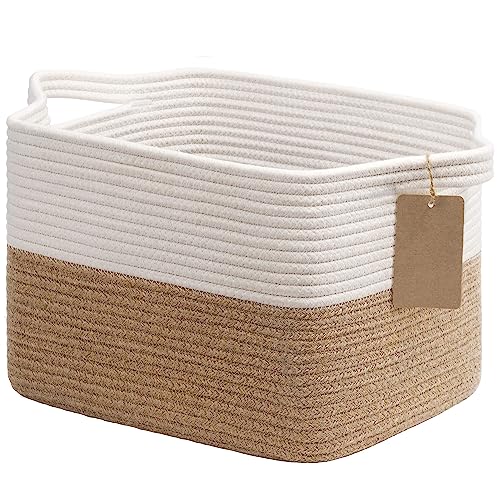 Goodpick Woven Storage Basket for Shelves, Medium Empty Gift Basket with Handles, Square Wicker Dog Toy Baskets, White and Jute Storage Bin, 13 x 10 x 9 Inches - color: Jute, size: 13.5"L x 11"W 9.5"H